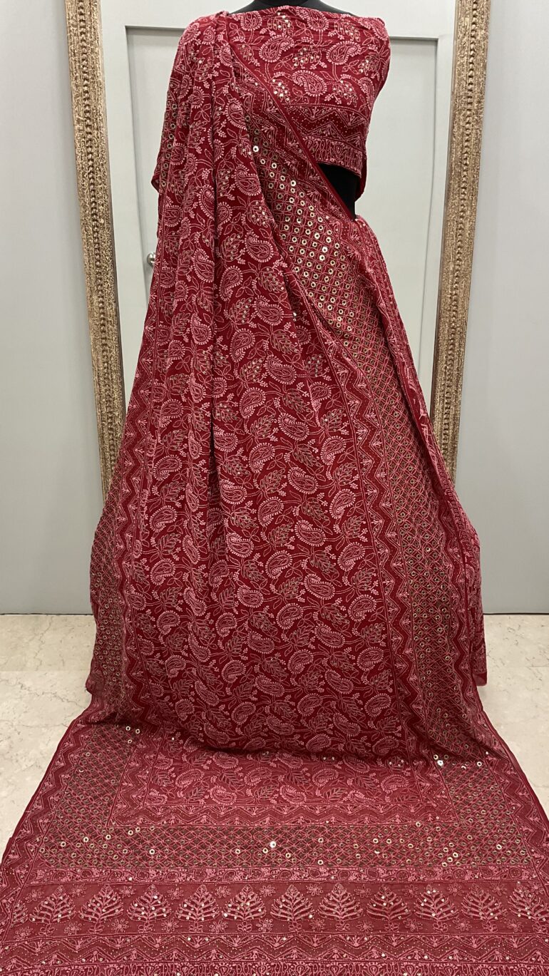 Pure Georgette Lehenga With Heavy Ring Mukaish Work Maroon