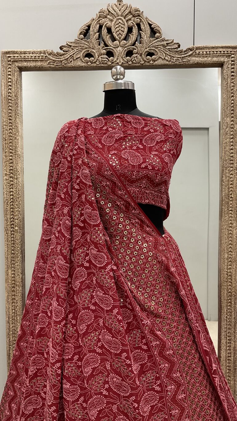 Pure Georgette Lehenga With Heavy Ring Mukaish Work Maroon