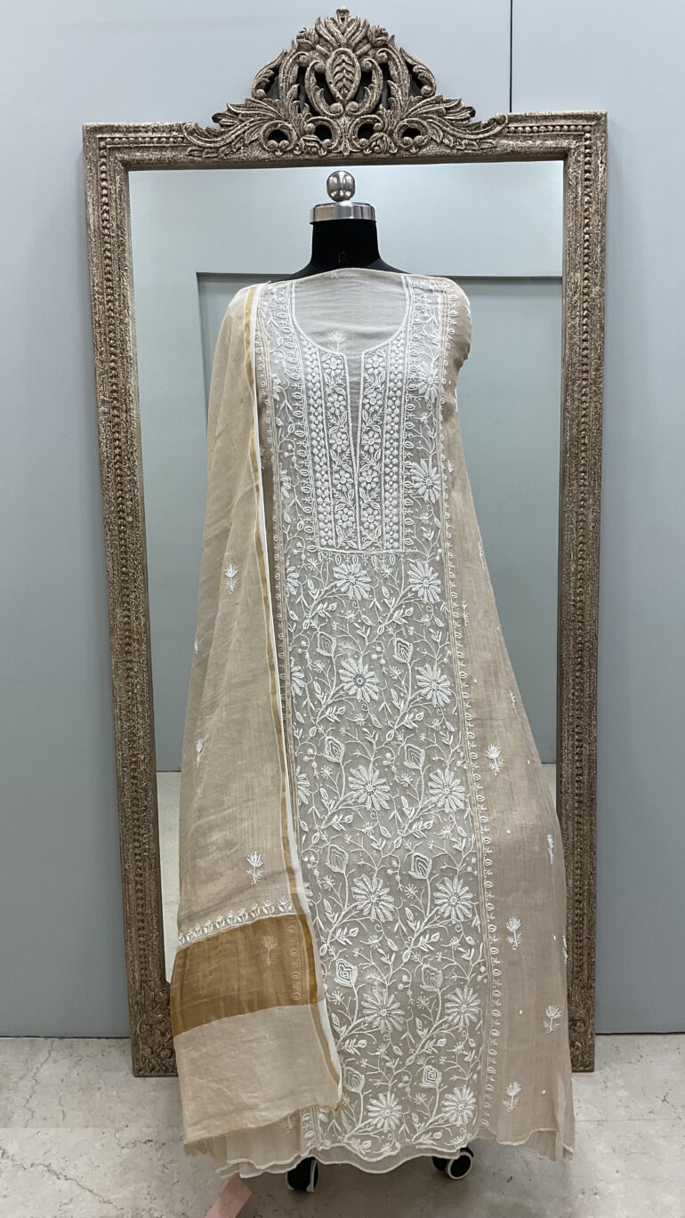 Organza Tissue Semi Stitched Straight Booty Pearl and Cutdana Work With Dupatta  Golden Beige 16