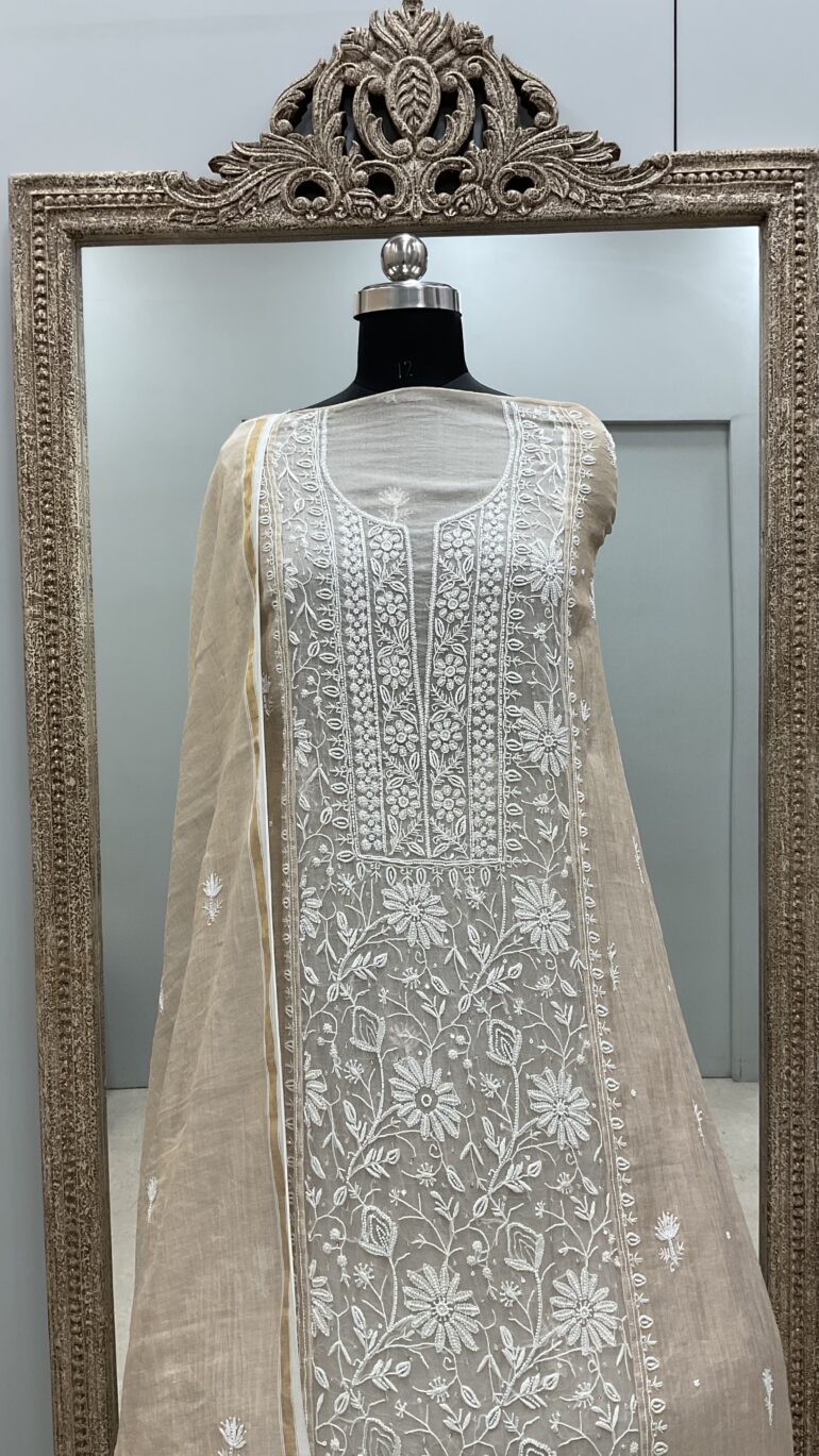 Organza Tissue Semi Stitched Straight Booty Pearl and Cutdana Work With Dupatta  Golden Beige 16