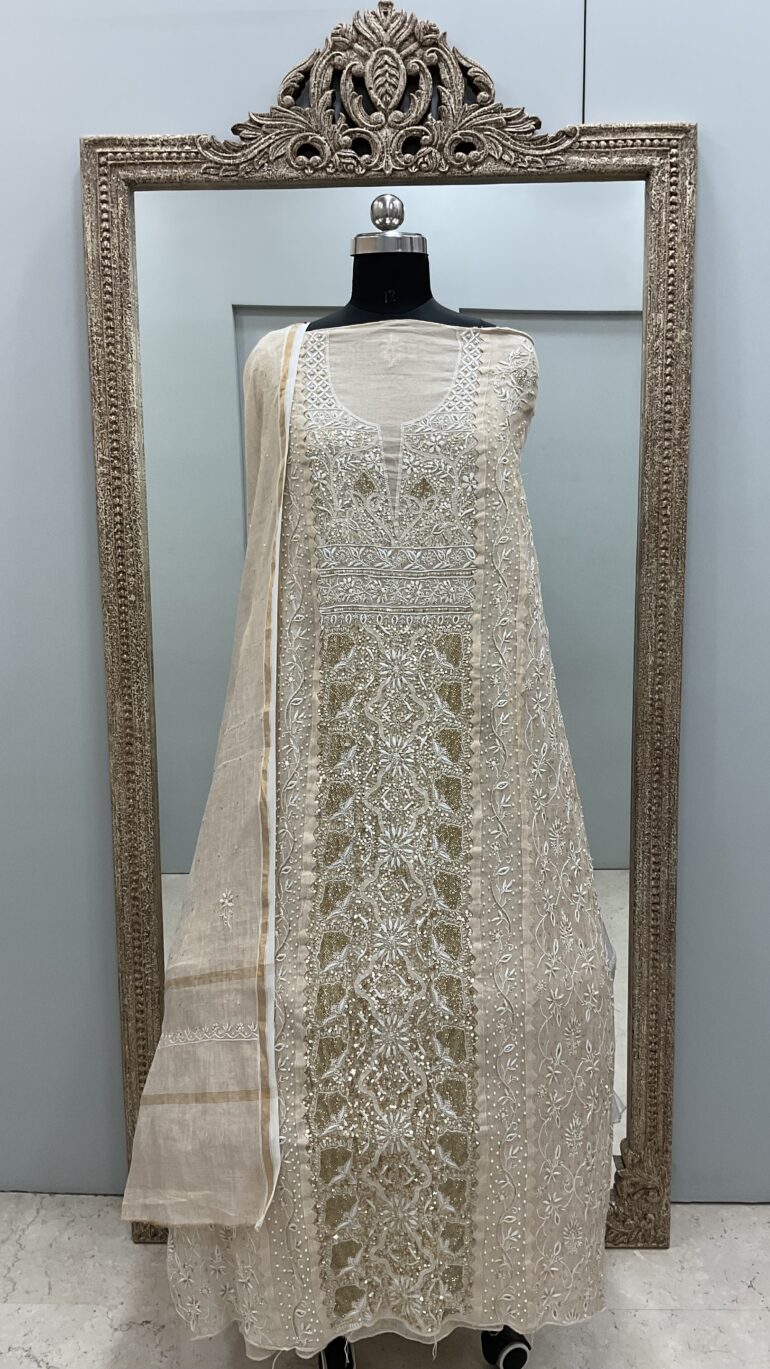 Organza Tissue Semi Stitched Straight Booty Pearl and Cutdana Work With Dupatta  Golden Beige 17