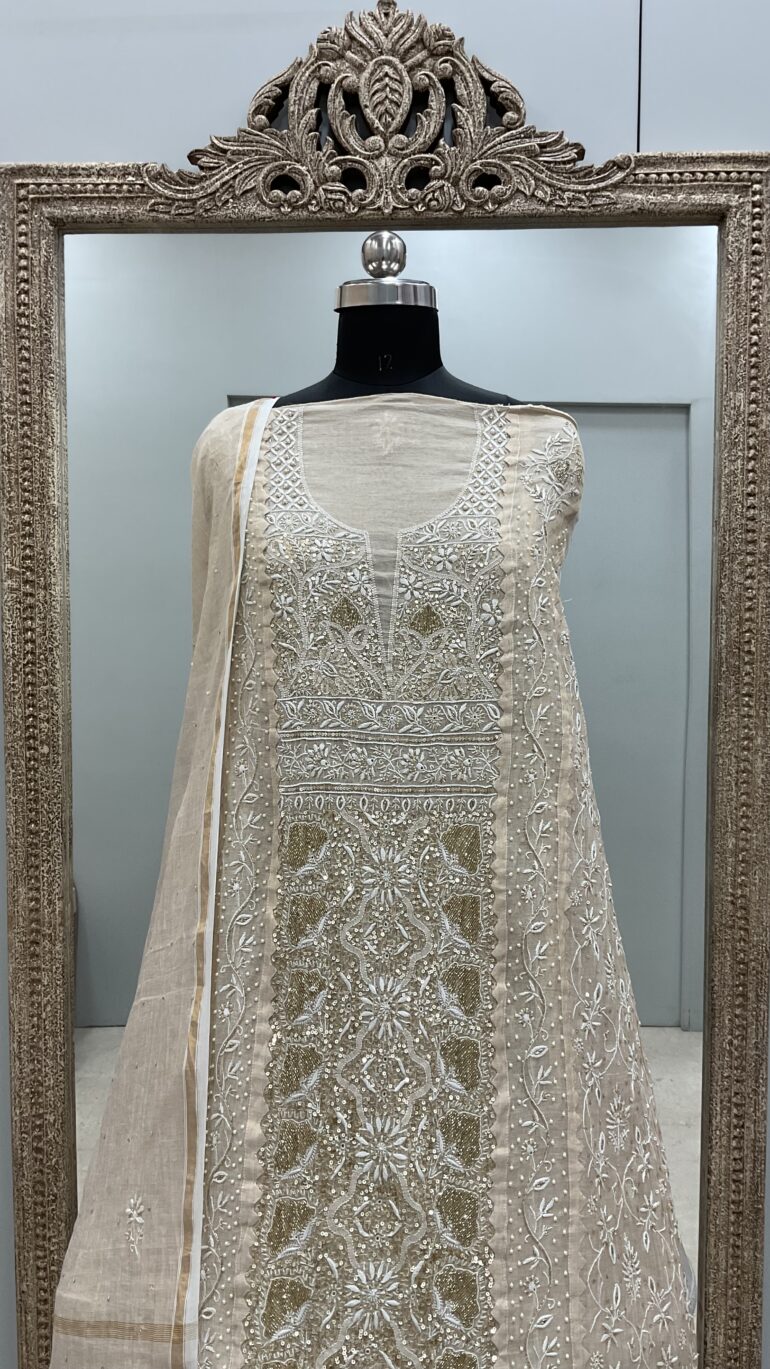 Organza Tissue Semi Stitched Straight Booty Pearl and Cutdana Work With Dupatta  Golden Beige 17