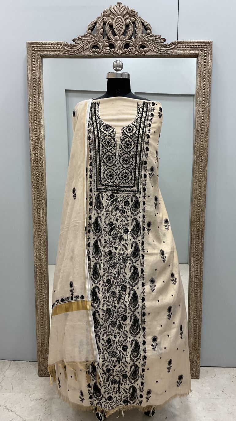 Tissue Straight with Cutdana and Pearl Beige Golden With BLack Emroidery