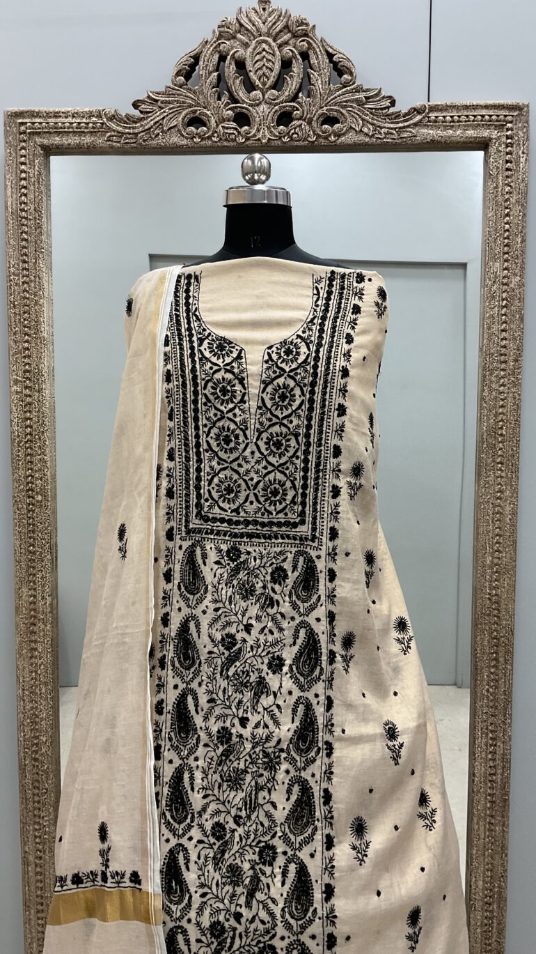 Tissue Straight with Cutdana and Pearl Beige Golden With BLack Emroidery