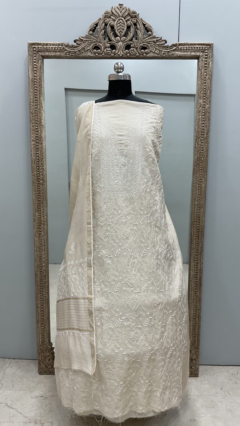 Pure Monga Silk Straight Front Jaal With Heavy Chikan Work Beige Golden