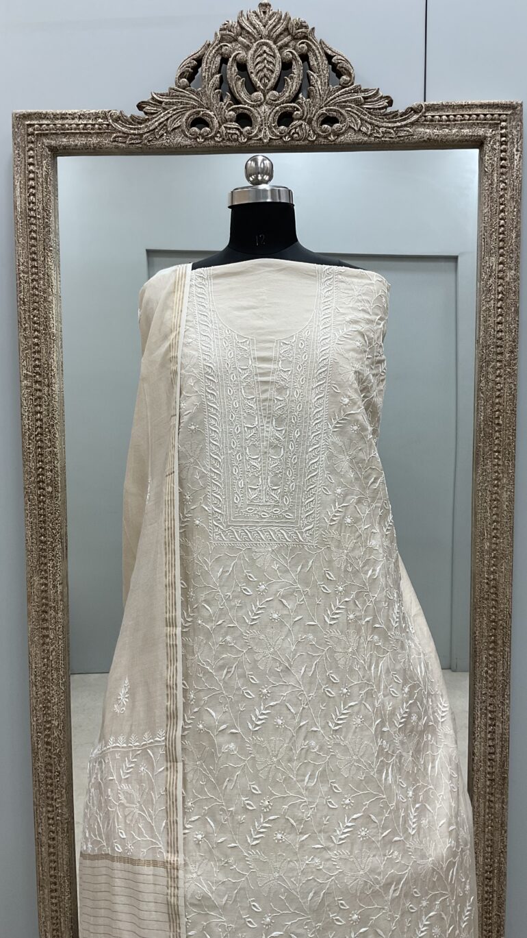 Pure Monga Silk Straight Front Jaal With Heavy Chikan Work Beige Golden