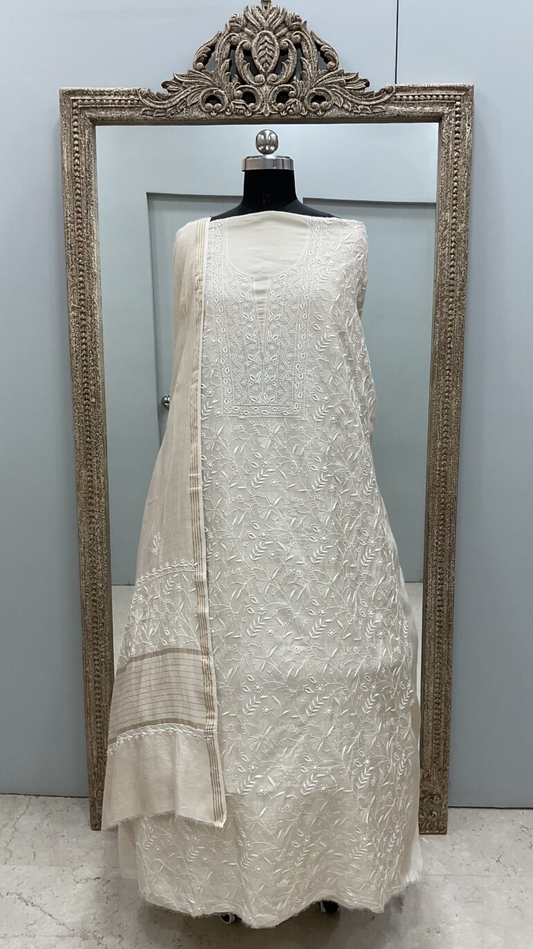 Pure Monga Silk Straight Front Jaal With Heavy Chikan Work Beige Golden