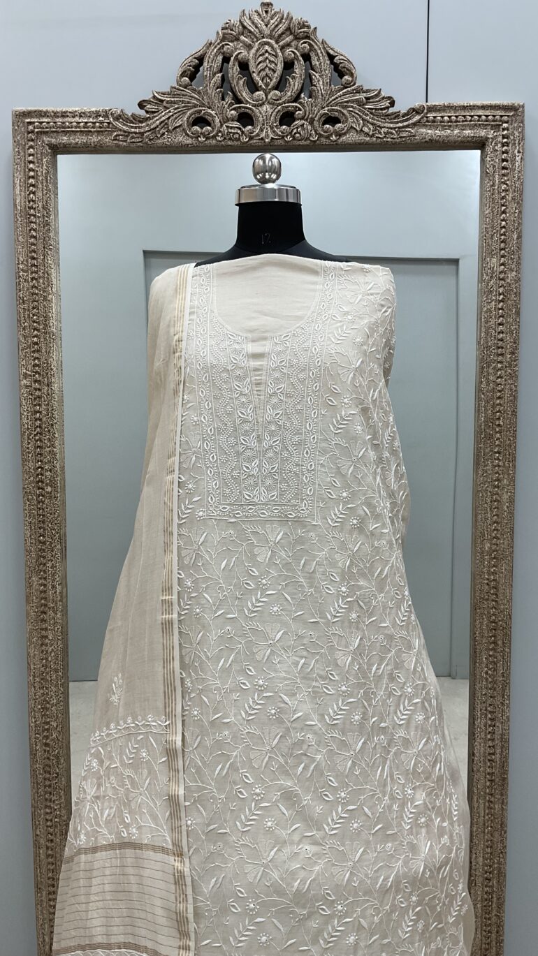 Pure Monga Silk Straight Front Jaal With Heavy Chikan Work Beige Golden