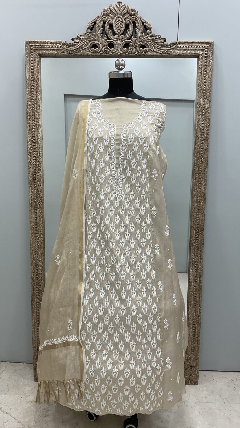 golden Tissue Semistitched with Heavy Pearl and Cutdana Work Golden Beige 12