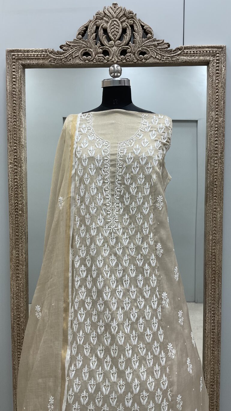 golden Tissue Semistitched with Heavy Pearl and Cutdana Work Golden Beige 12