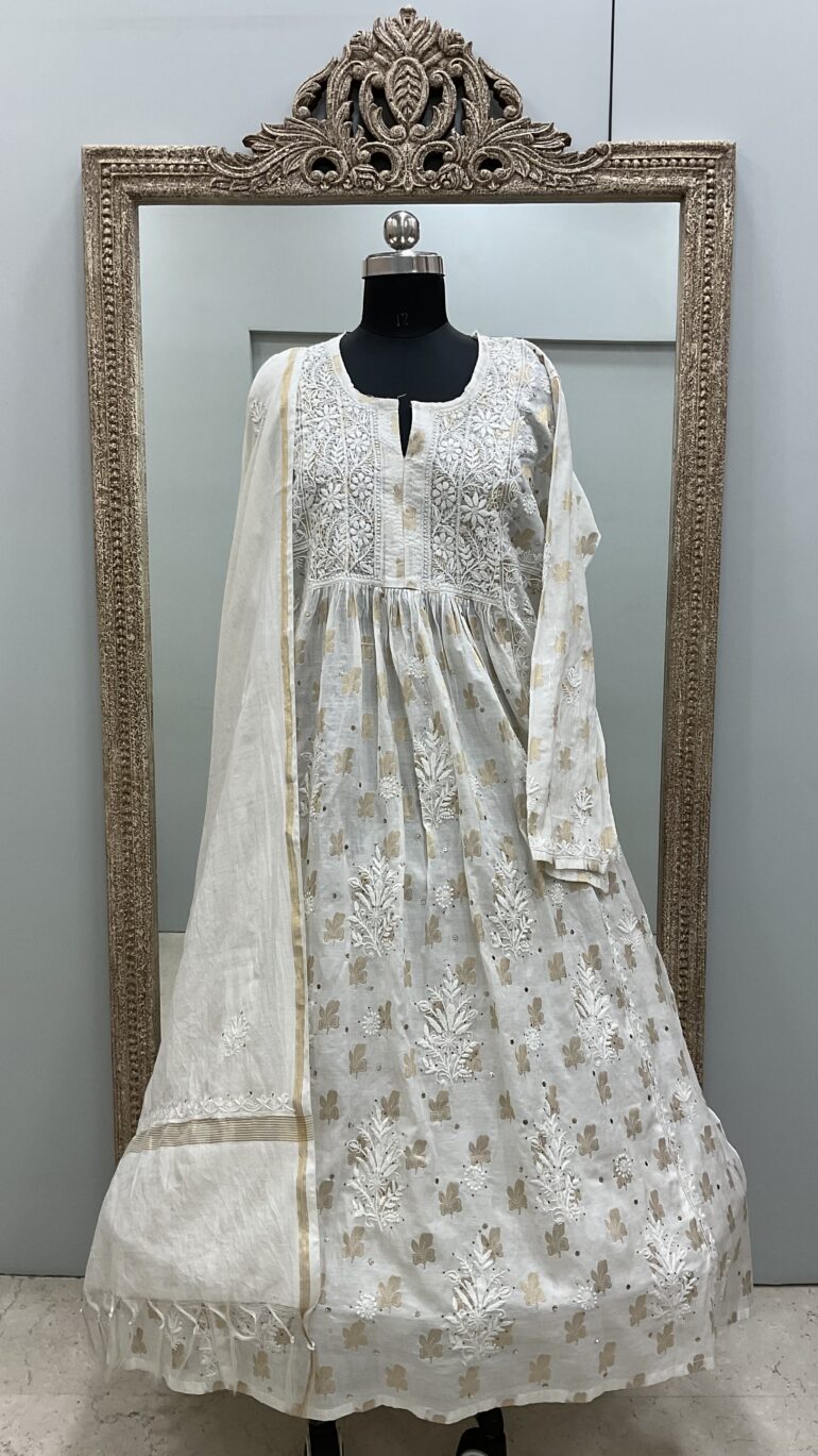 Pure Chanderi Semistitched Style with Dupatta Mukaish Off White