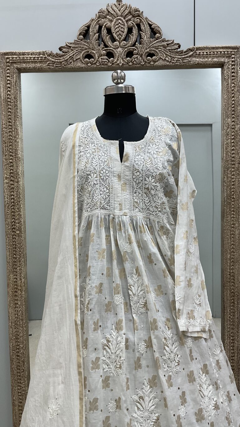 Pure Chanderi Semistitched Style with Dupatta Mukaish Off White