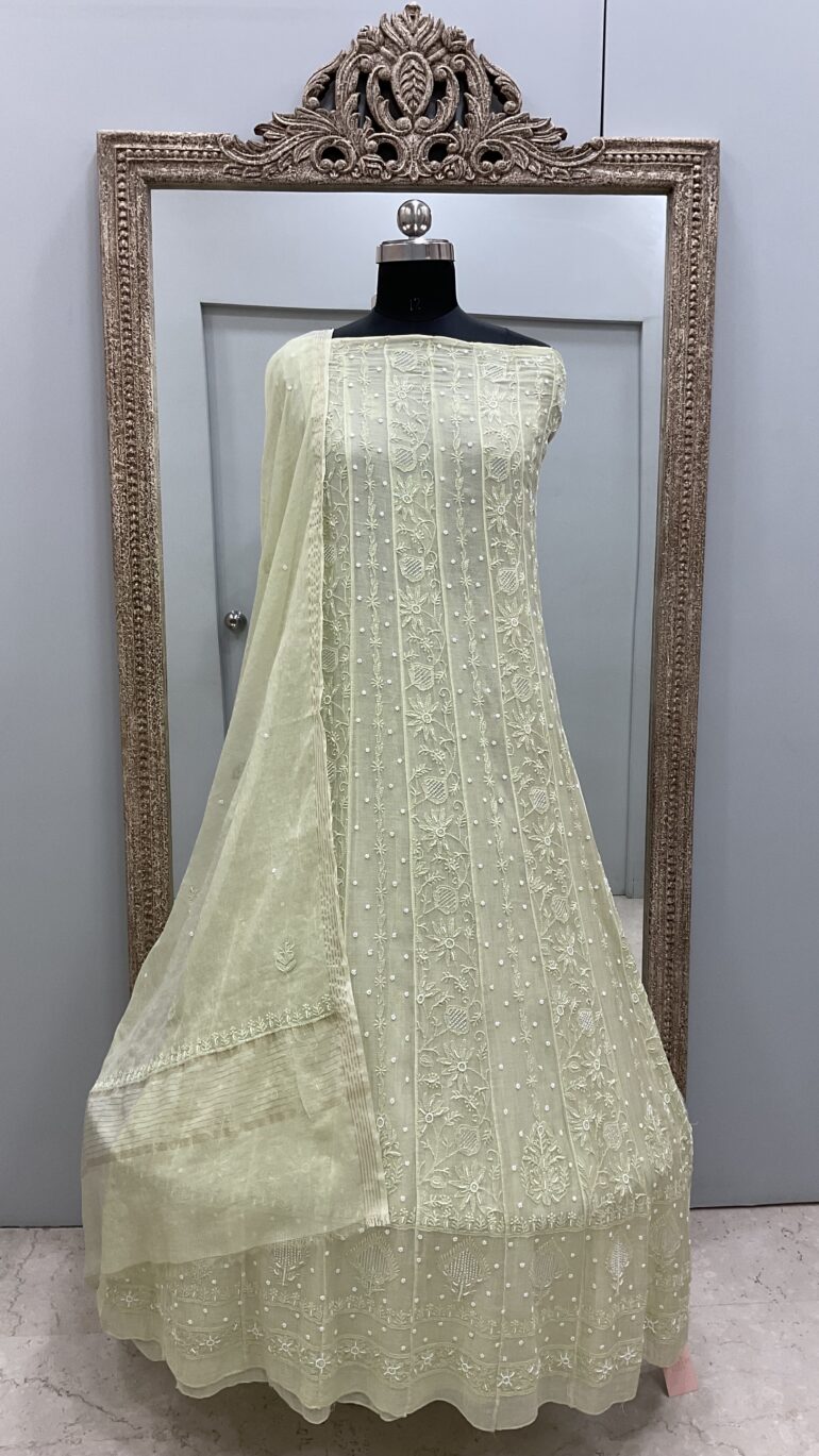 Pure Mul Anarkali Heavy Pearl And Cutdana Work With Dupatta Pista Green