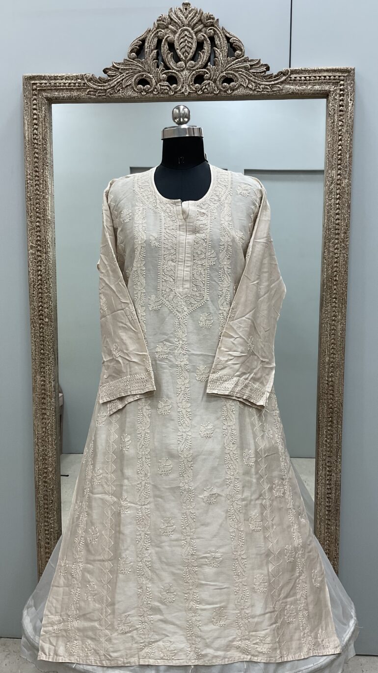 Pure Chanderi Straight Shirt Heavy Chikan Work Beige