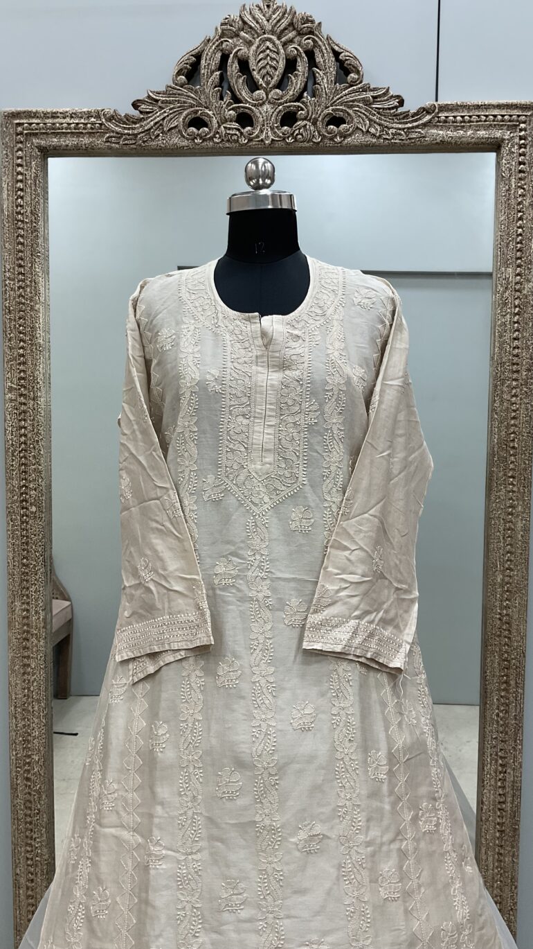 Pure Chanderi Straight Shirt Heavy Chikan Work Beige
