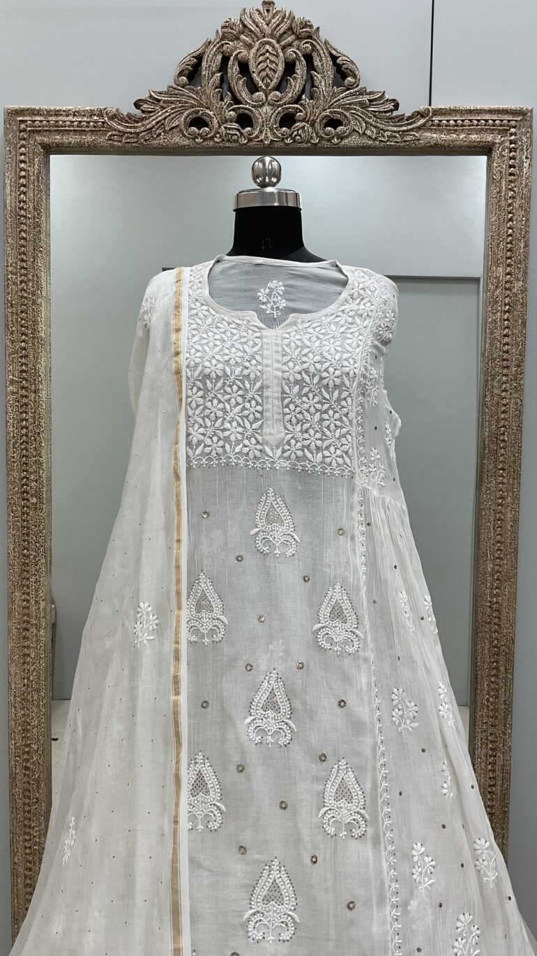 Pure Mulmul Semistitched Style with Dupatta Mukaish Off White 03