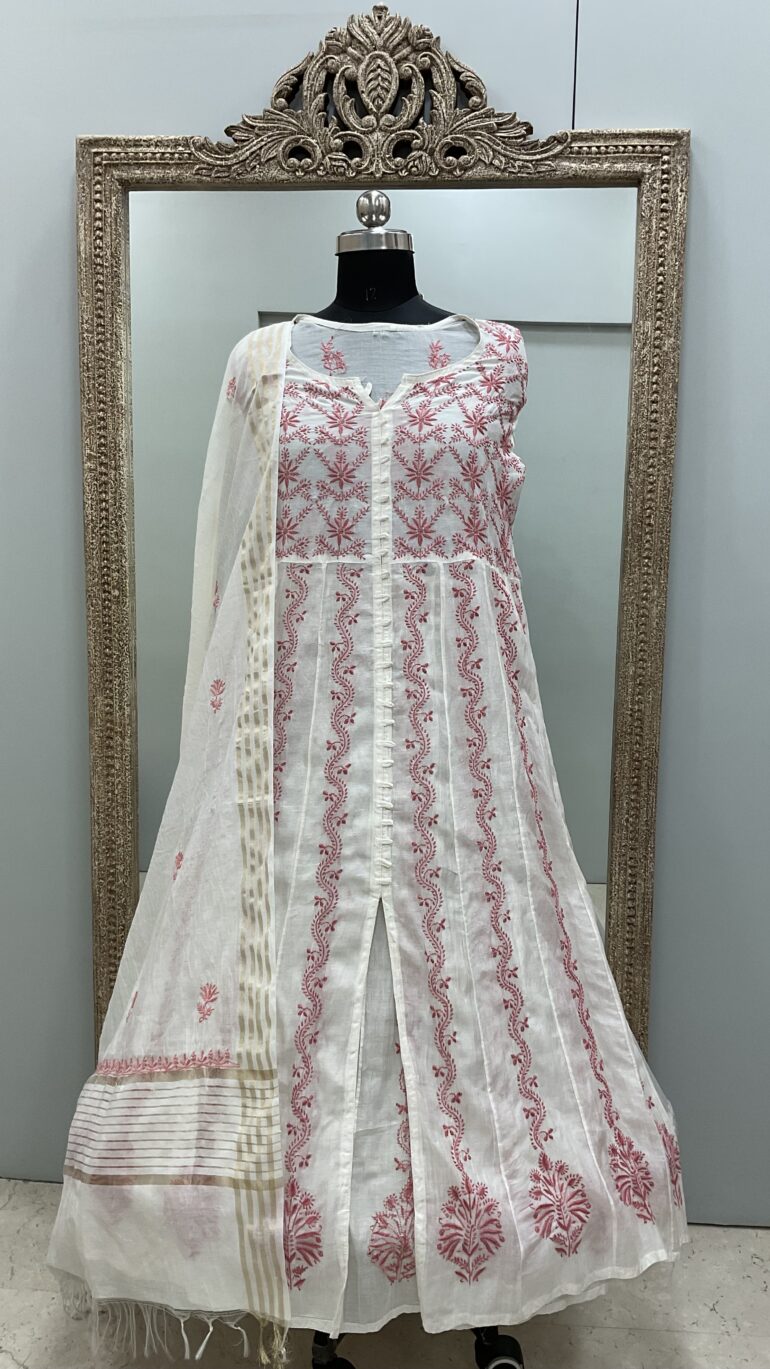 Pure Chanderi Straight Shirt Heavy Chikan Work With Dupatta Off White