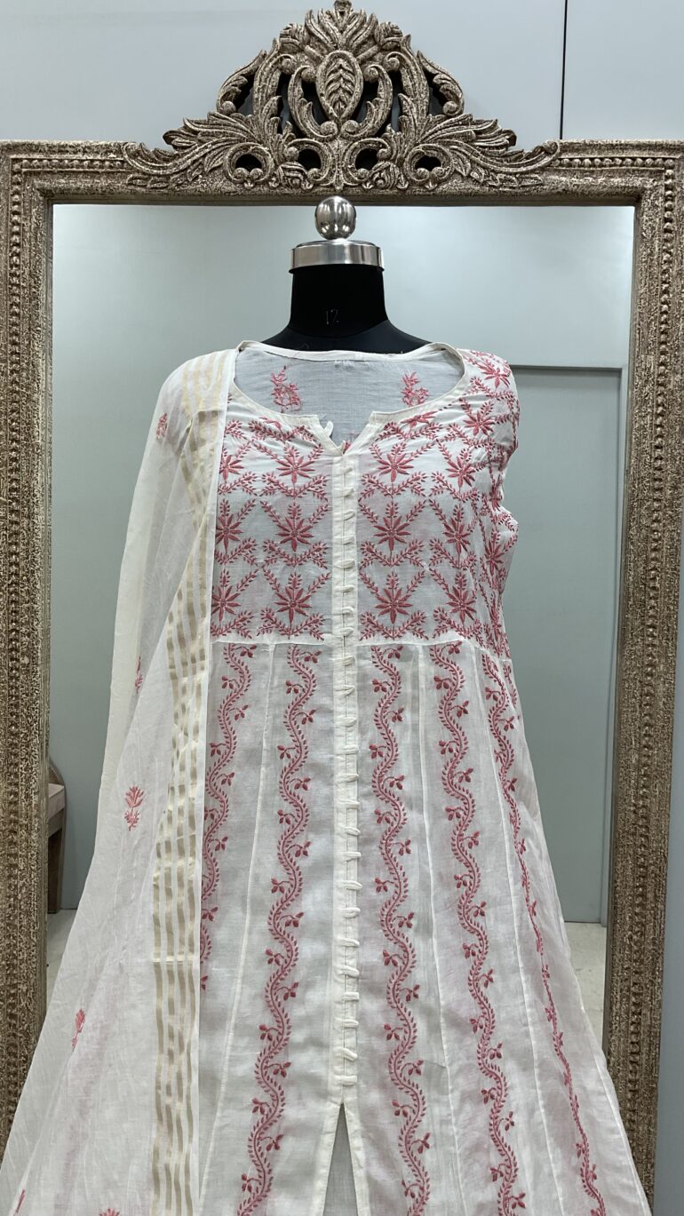 Pure Chanderi Straight Shirt Heavy Chikan Work With Dupatta Off White