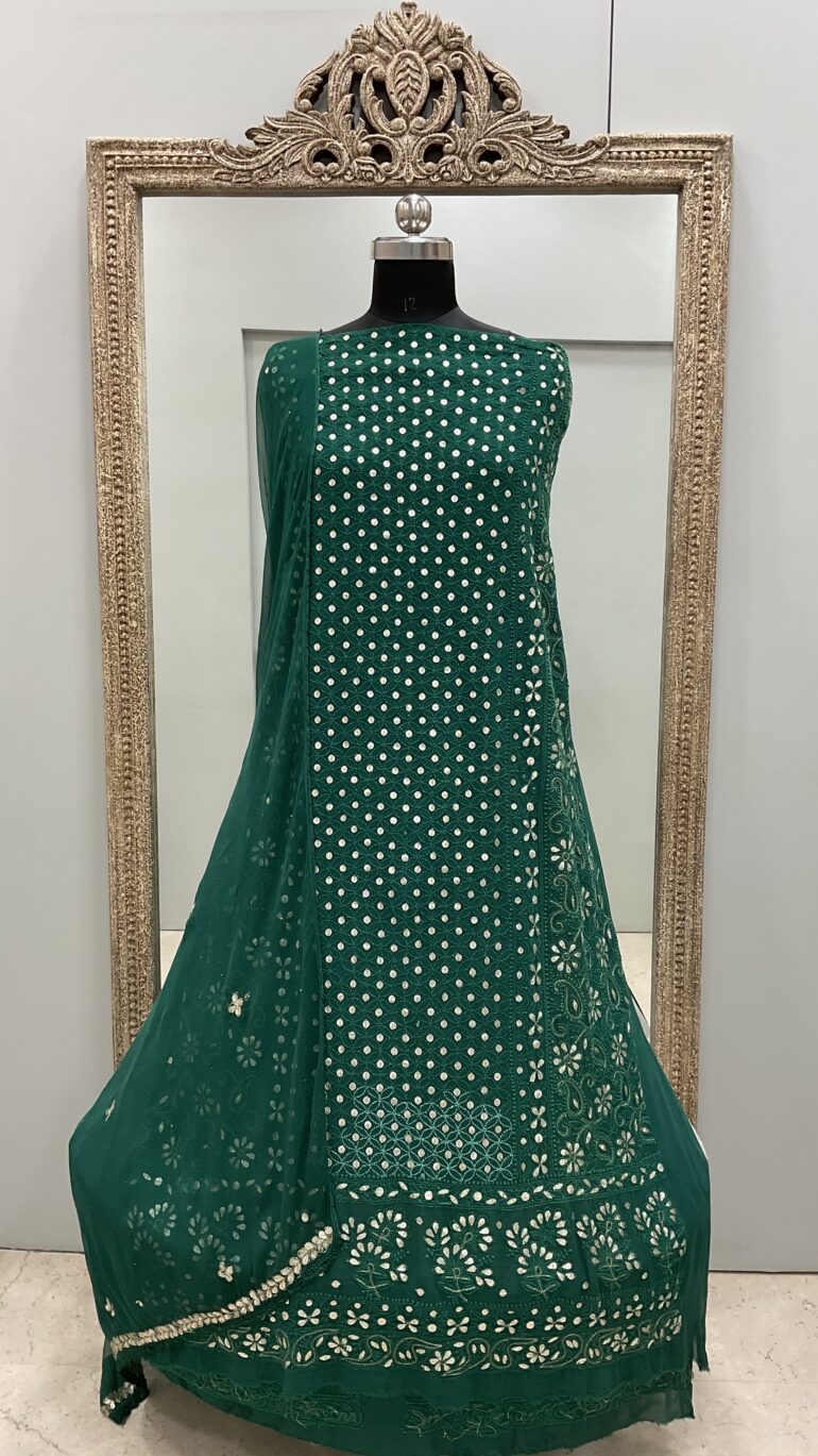 Chikan Mukaish Georgette Shirt and Dupatta Green