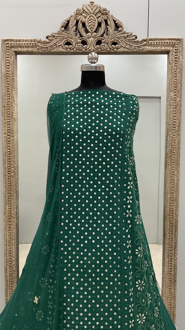 Chikan Mukaish Georgette Shirt and Dupatta Green
