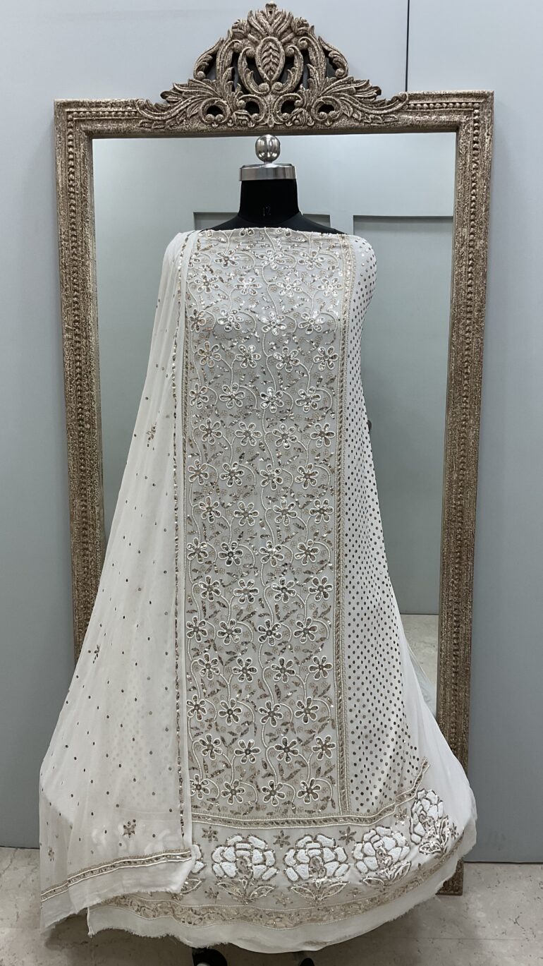 Pure Georgette Badla Mukaish and Pearl Shirt and Dupatta Off White (Copy)