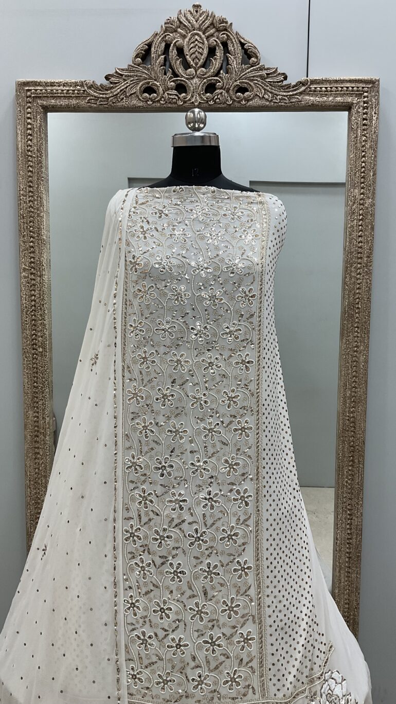 Pure Georgette Badla Mukaish and Pearl Shirt and Dupatta Off White (Copy)