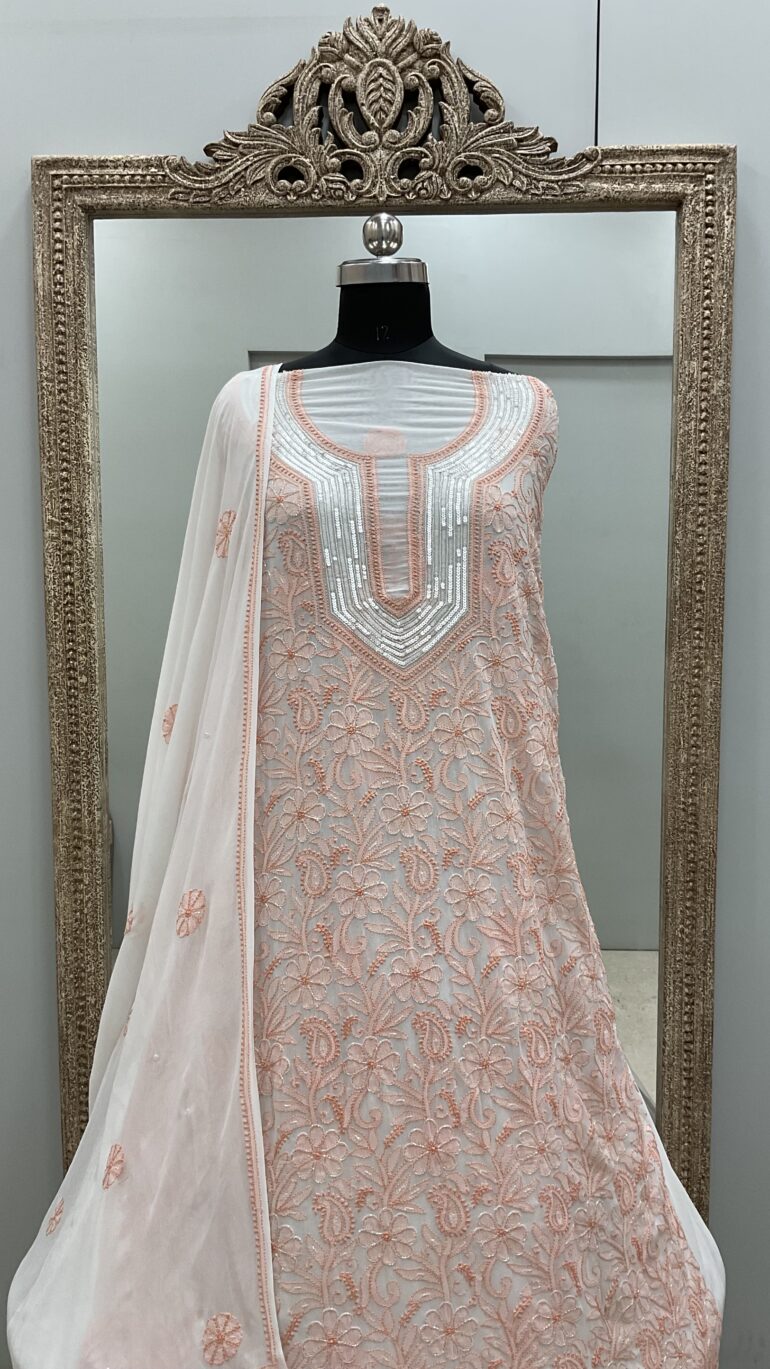 Colored Embroidery Cutdana Straight Off White Base