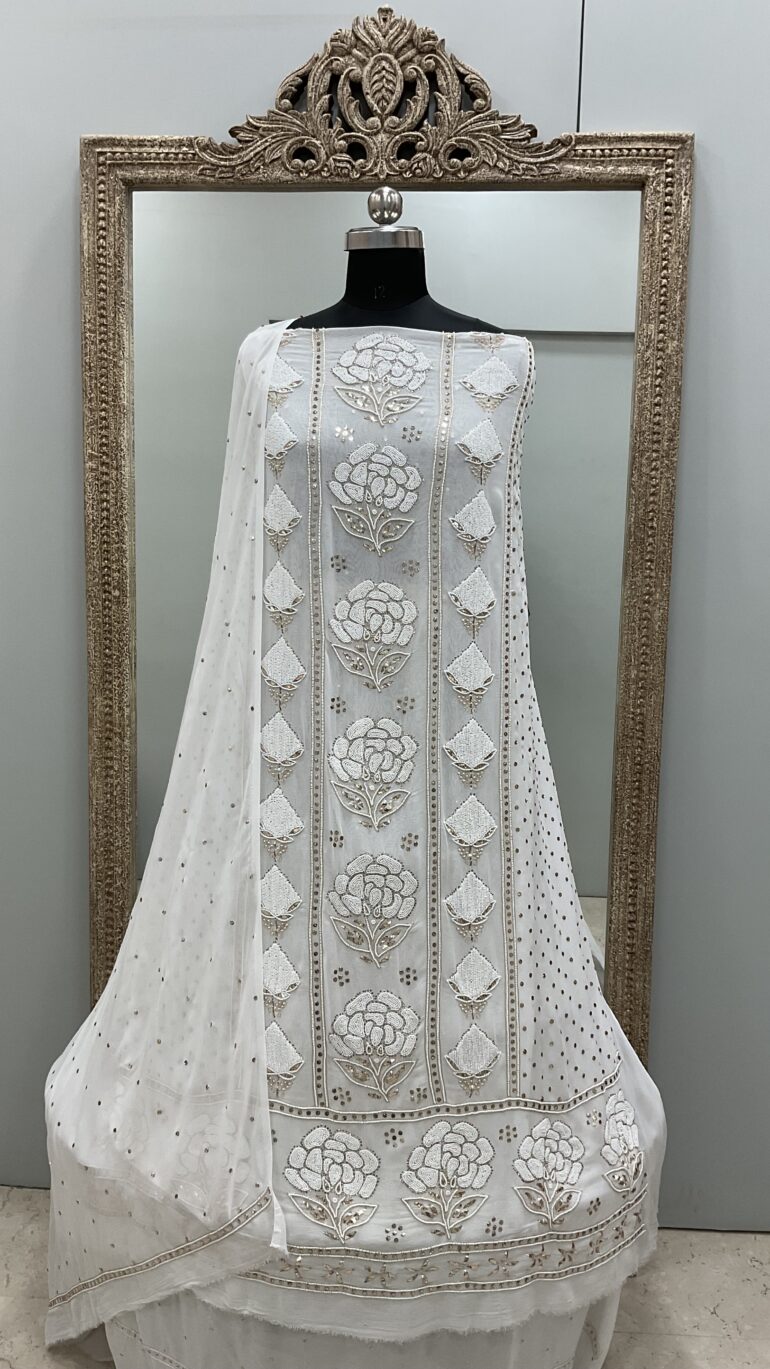 Badla Mukaish and Pearl Shirt and Dupatta Off White 03
