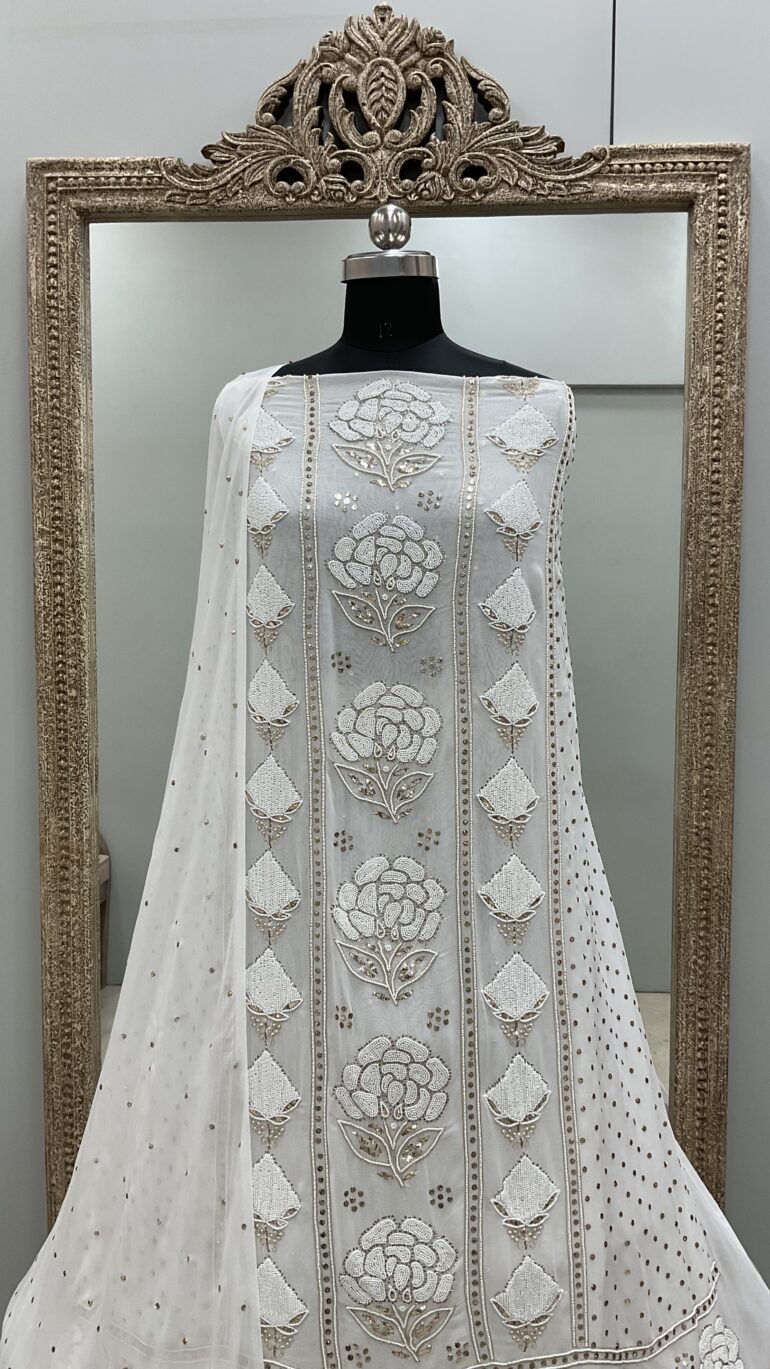Badla Mukaish and Pearl Shirt and Dupatta Off White 03
