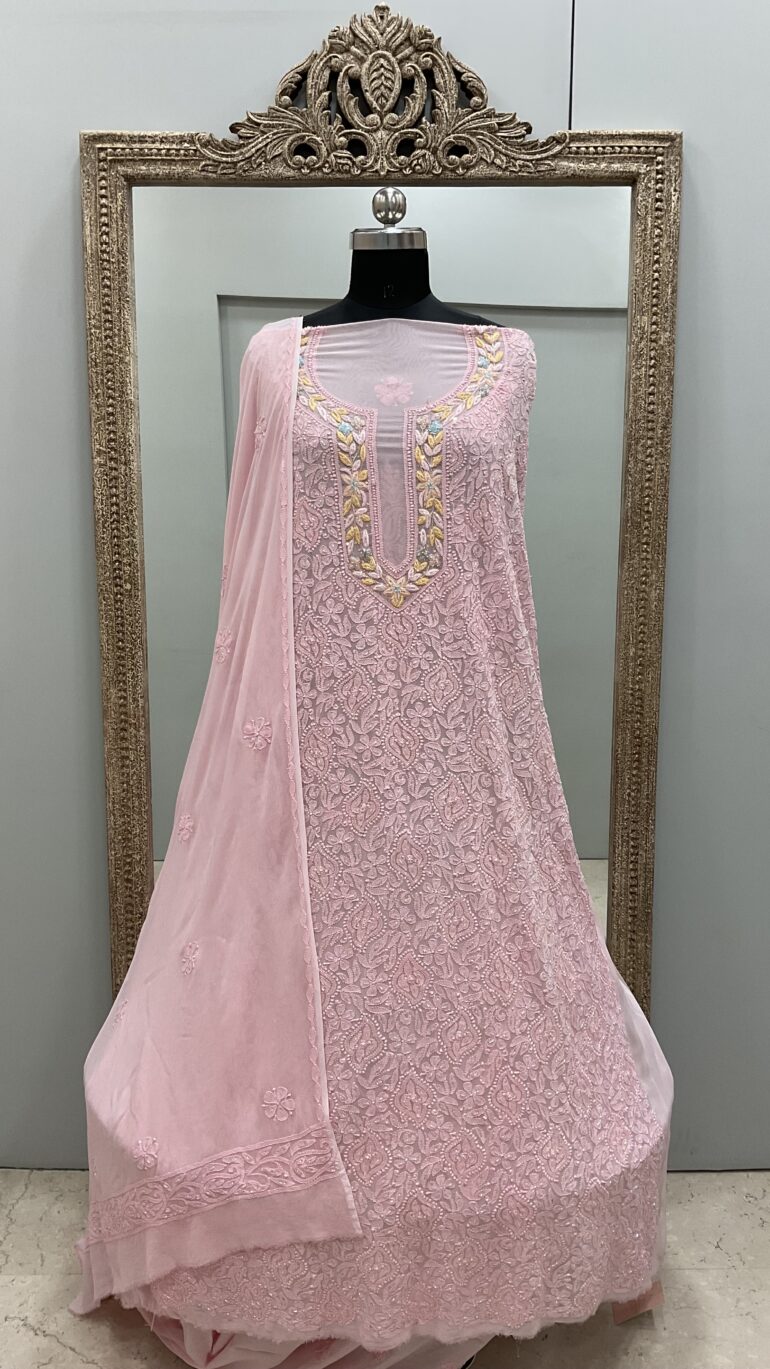 Parsi Gala Straight with Heavy Multicolored Cutdana Pink