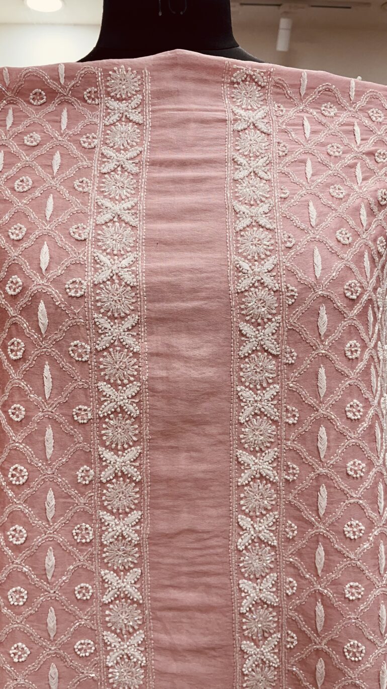 Gents Nehru Jacket Pure Chanderi Heavy Pearl and Cutdana Front and Back Jaal Pink