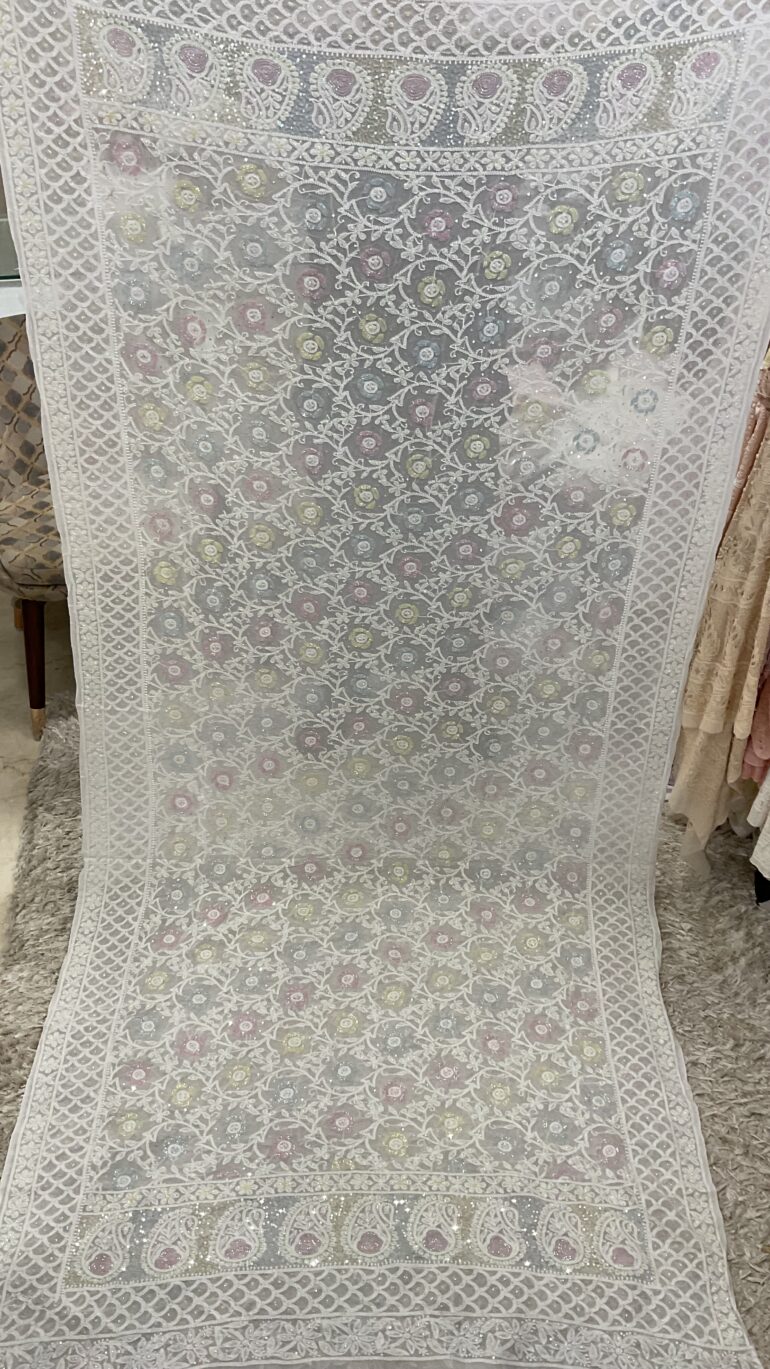 Heavy Designer Multicolored Cutdana Dupatta Off White 11