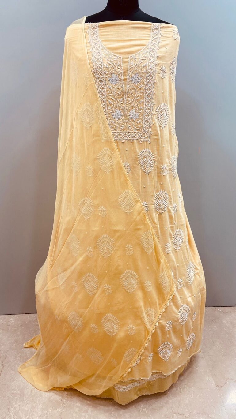 Pure Mul Cotton Straight Cutdana and Pearl with Chiffon Dupatta Yellow