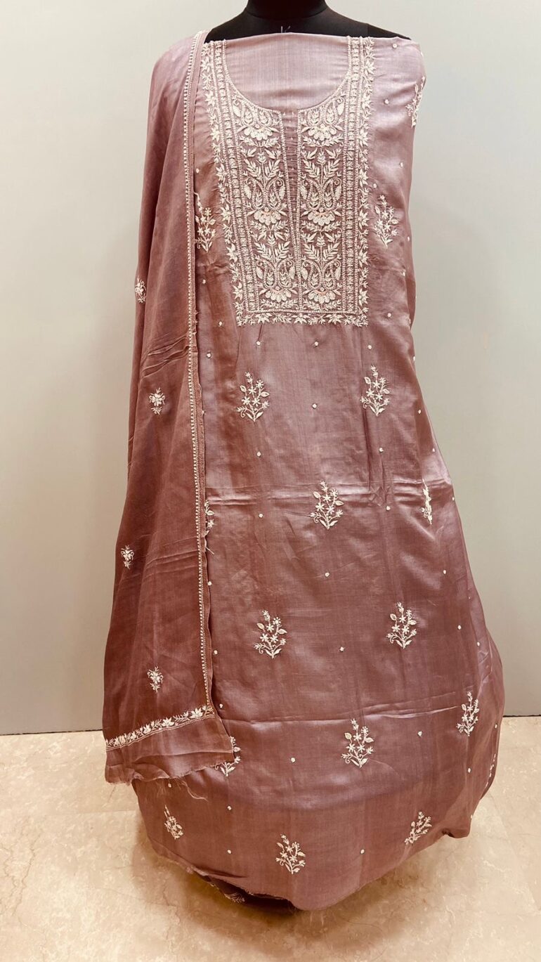 Pure Tusser Silk Straight Pearl and Cutdana Wine