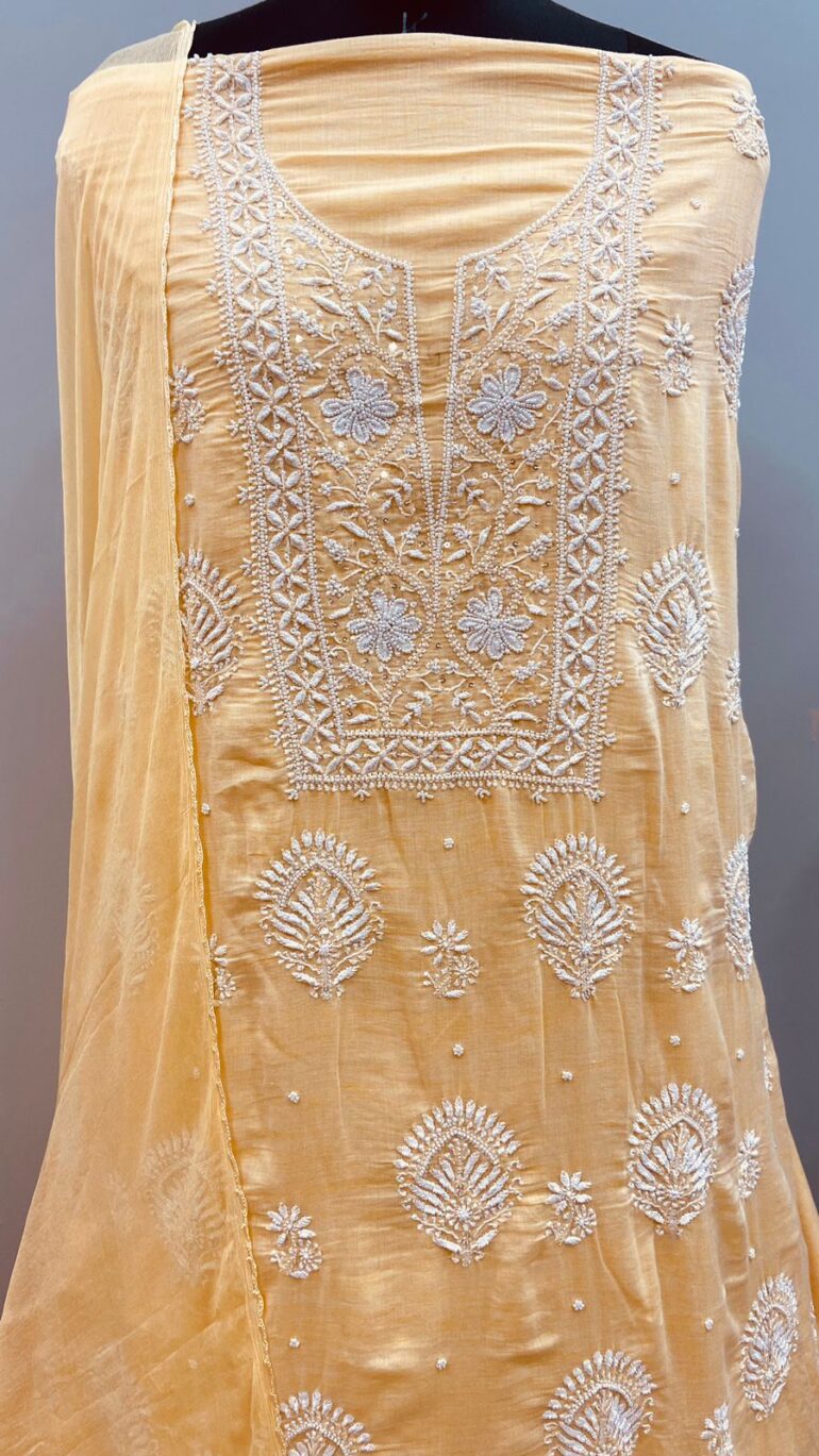 Pure Mul Cotton Straight Cutdana and Pearl with Chiffon Dupatta Yellow