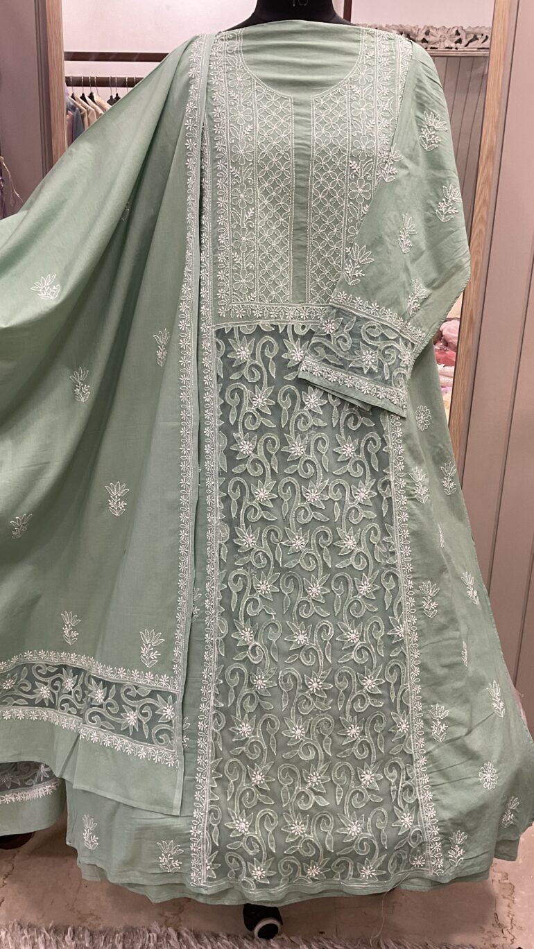 Pure Mul Cotton With Net Patch Work Straight Heavy Dupatta Pista Green