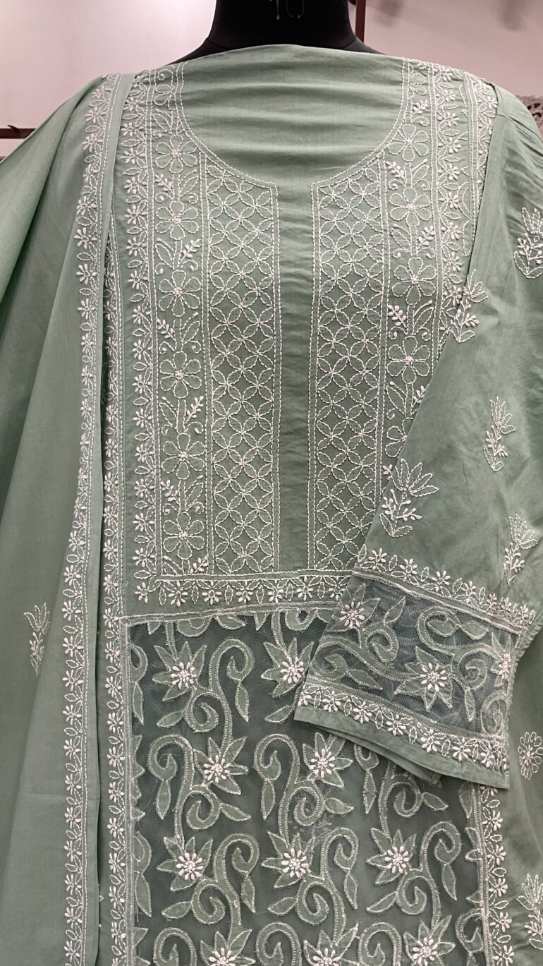 Pure Mul Cotton With Net Patch Work Straight Heavy Dupatta Pista Green