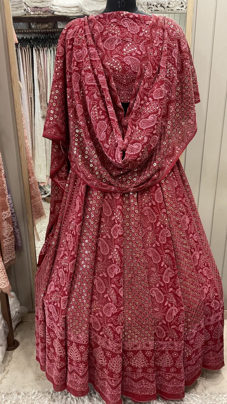 Pure Georgette Lehenga With Heavy Ring Mukaish Work Maroon