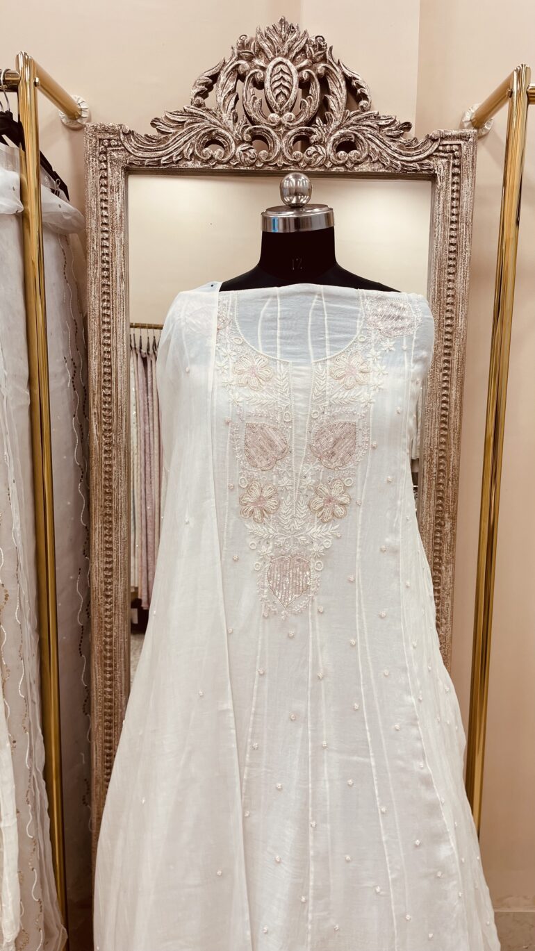 Pure Mul Anarkali Heavy Pearl And Cutdana Work With Dupatta Off White 04 (G.K)