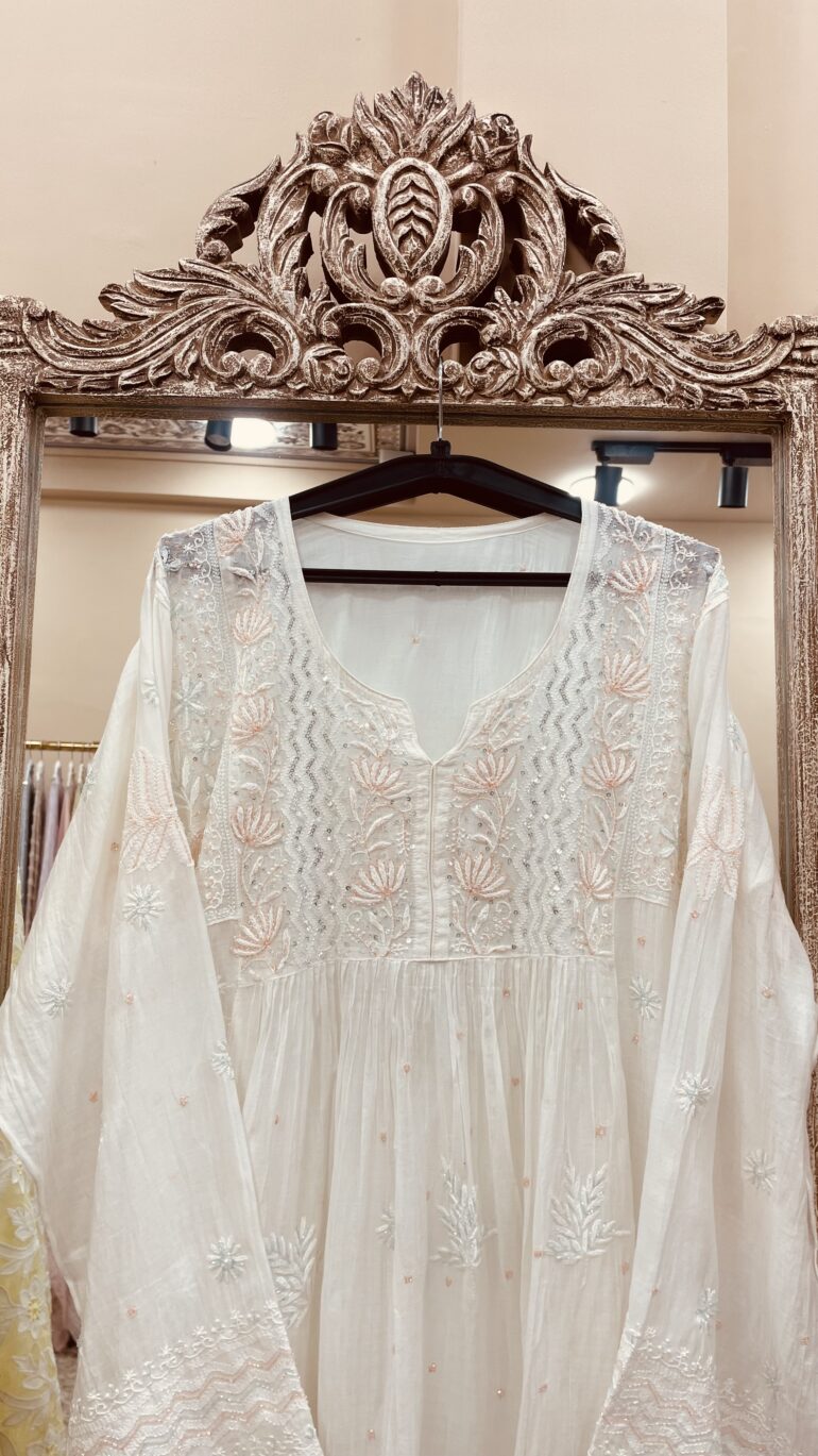 Pure Mul Cotton Semi Stitched Straight Pearl And Addon Work With Dupatta White (G.k)