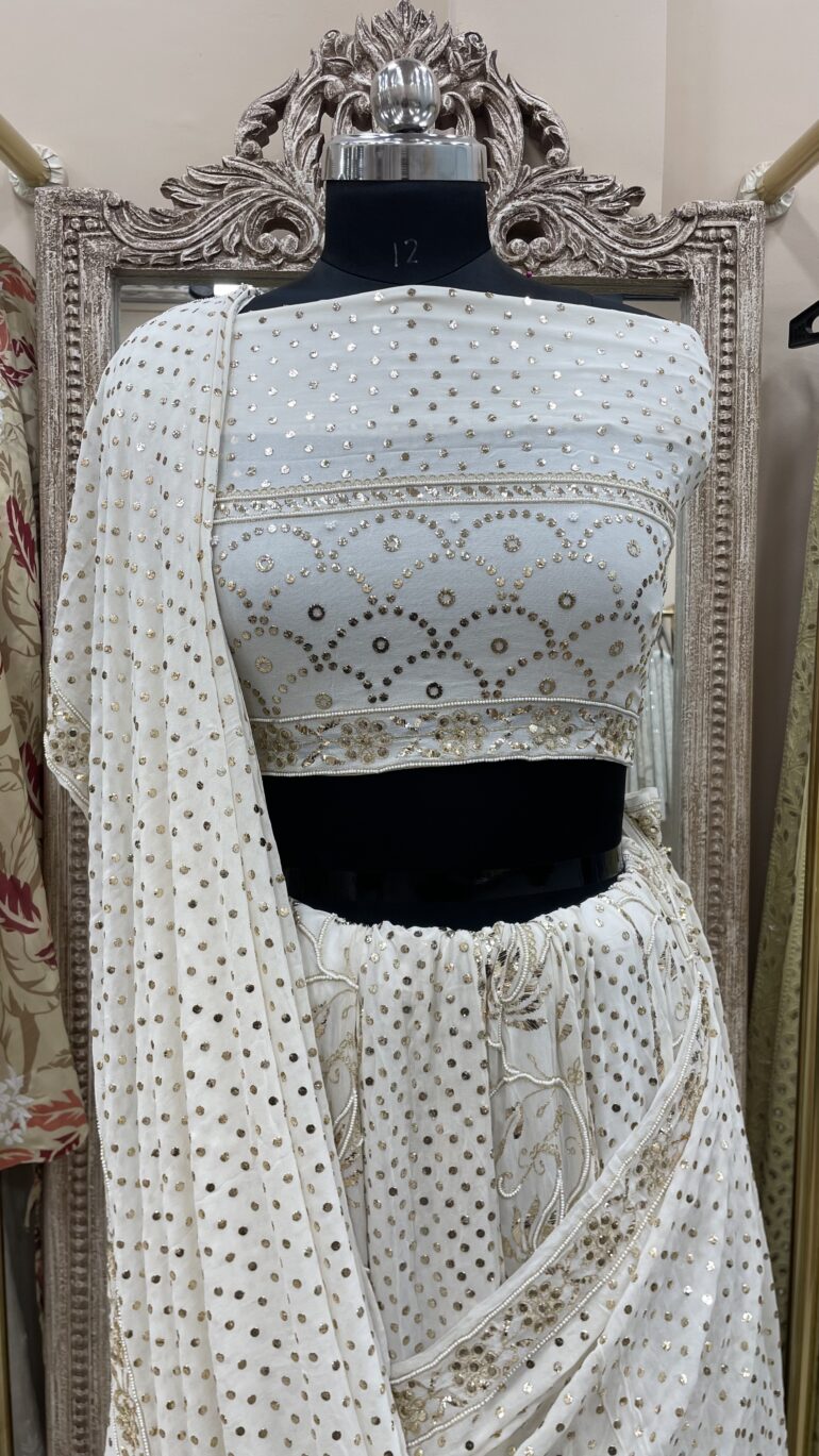 Pure Georgette Lehenga Badla with Pearl Work Off-White