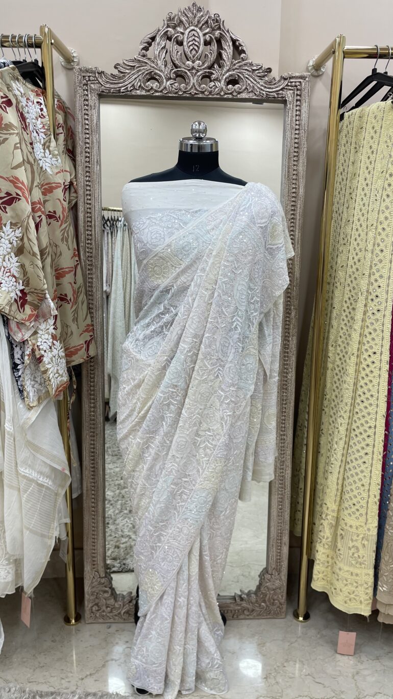 Pure Georgette Saree full jaal with Multicolored Heavy Cutdana and Sequence Off White (G.K)