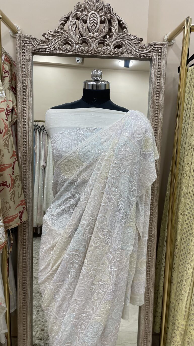 Pure Georgette Saree full jaal with Multicolored Heavy Cutdana and Sequence Off White (G.K)