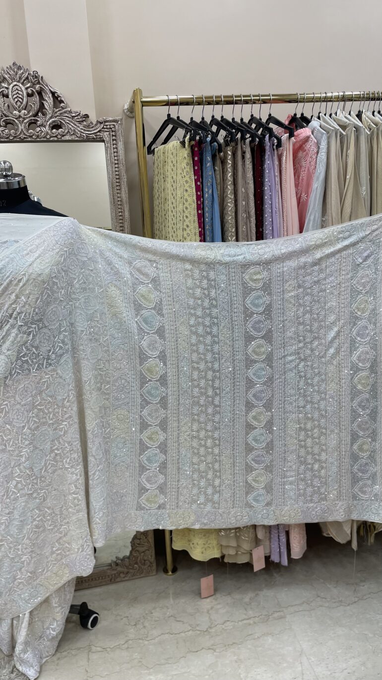 Pure Georgette Saree full jaal with Multicolored Heavy Cutdana and Sequence Off White (G.K)