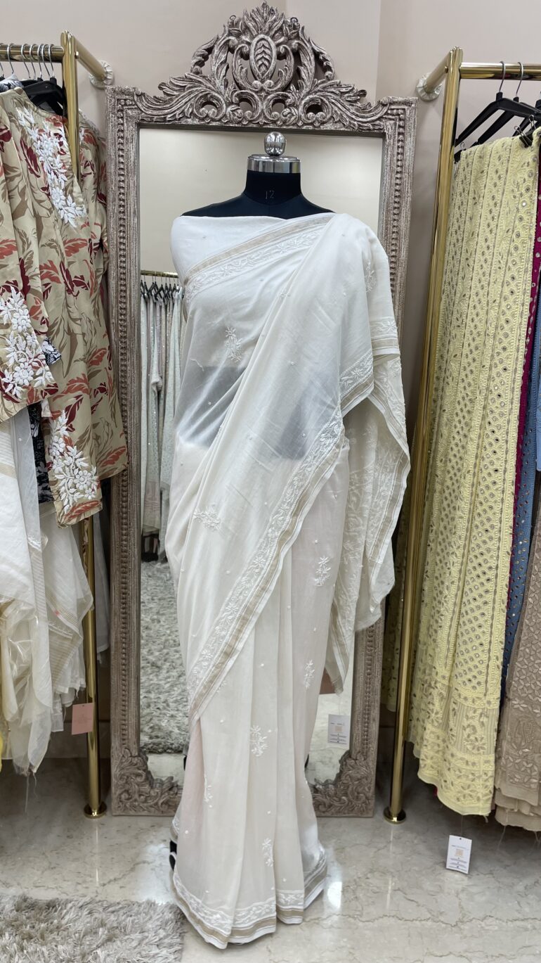 Pure Chanderi Saree with thread Chickankari Off White (G.K)