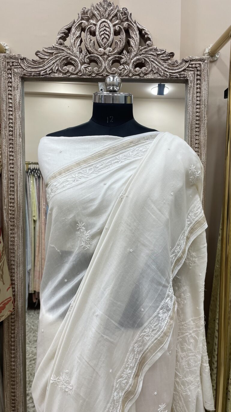 Pure Chanderi Saree with thread Chickankari Off White (G.K)