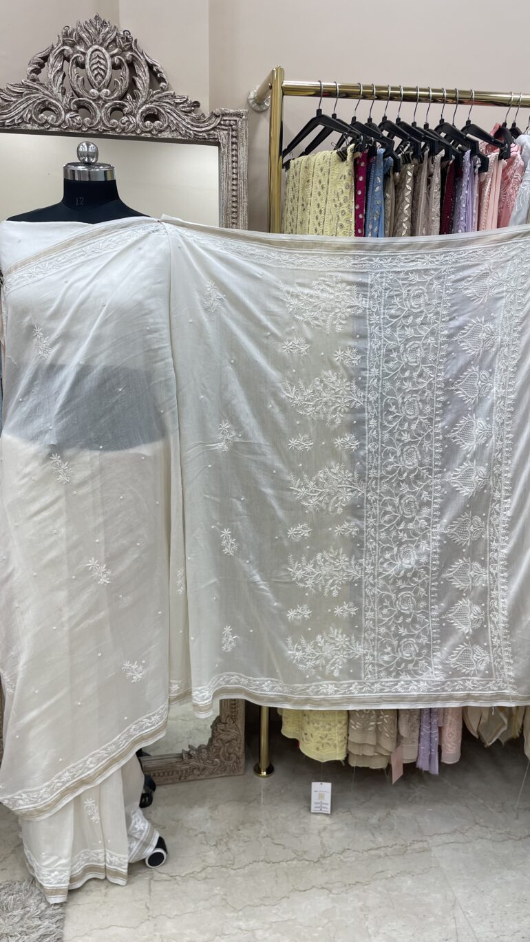 Pure Chanderi Saree with thread Chickankari Off White (G.K)