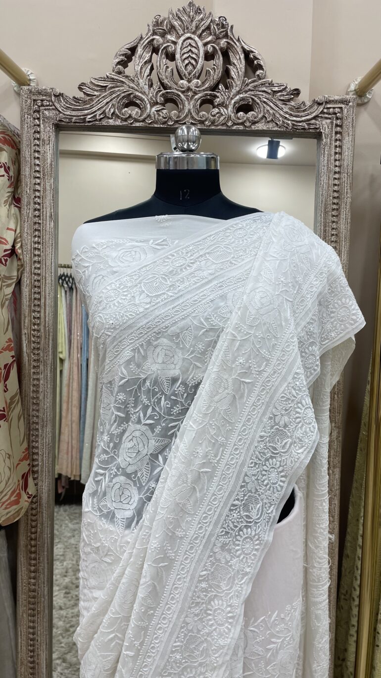 Do taar and teen taar superfine Pure Georgette Thread work Saree Offwhite Gulaab (GK)