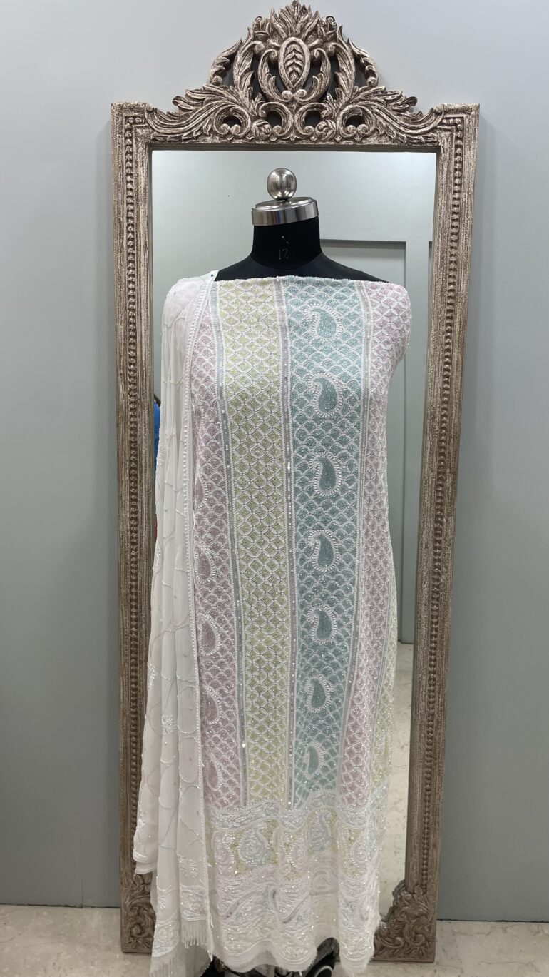 Pure Georgette Heavy Cutdana Pearl and Sequence Designer White
