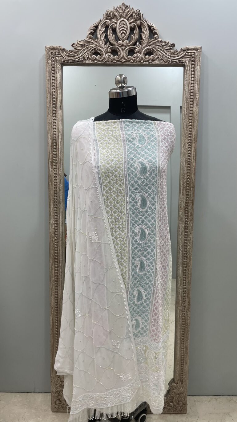 Pure Georgette Heavy Cutdana Pearl and Sequence Designer White
